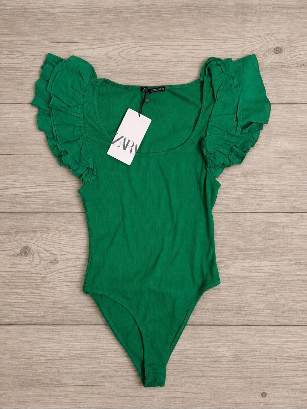 Zara Emerald Green Ruffle Sleeve Bodysuit M